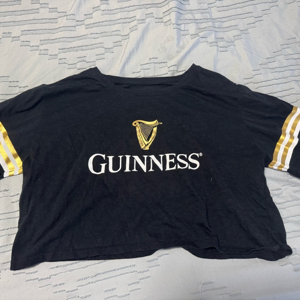 Guinness Black Crop Tee with Gold and White Stripes